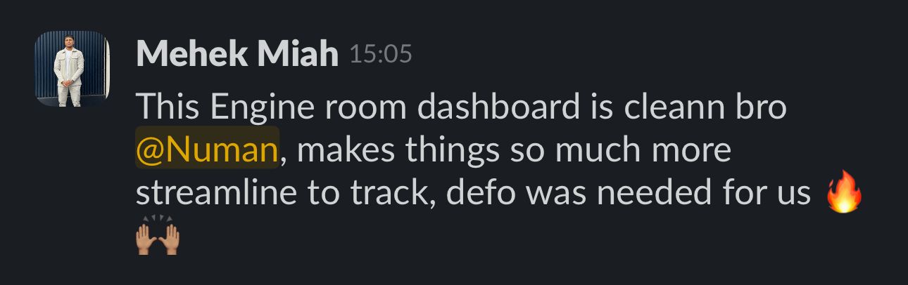 Mehek Miah — Engine Room dashboard is clean